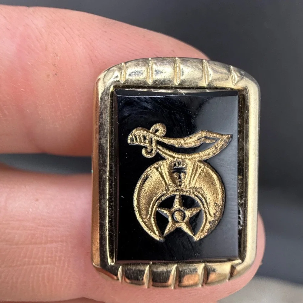 Vintage Shriner's Cufflinks Tie Clip Masons Gold Tone Stone